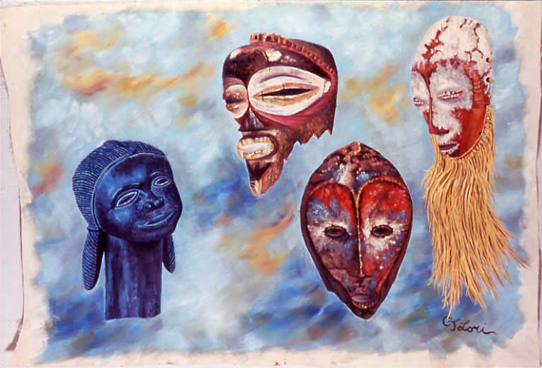 MASKS III: TRIBAL SORORITY oil on unstretched canvas, 40 x 60&quot;, 1989