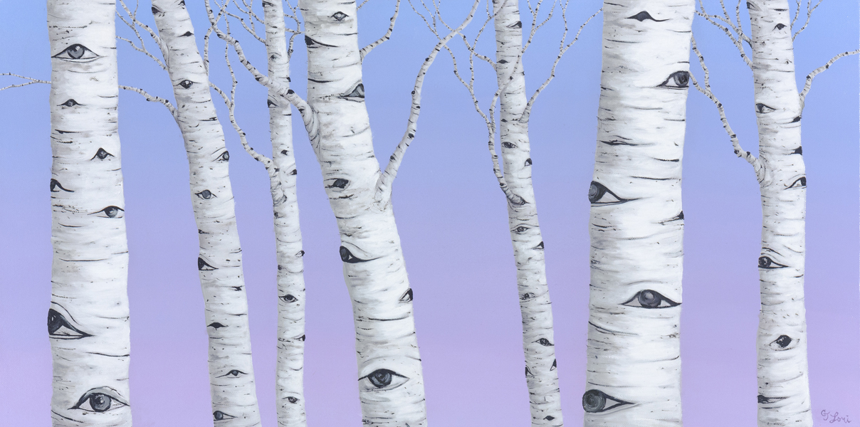 Birch Spies — oil on panel, 15 x 30&quot;, 2018