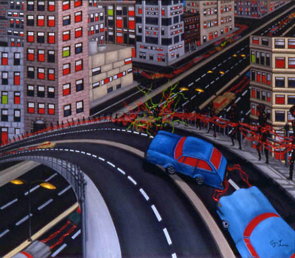 RANDOM LOONIES AND THE RUPTURE OF IMPLICIT TRUST oil on canvas, 40 x 46&quot;, 1986 (Sold)